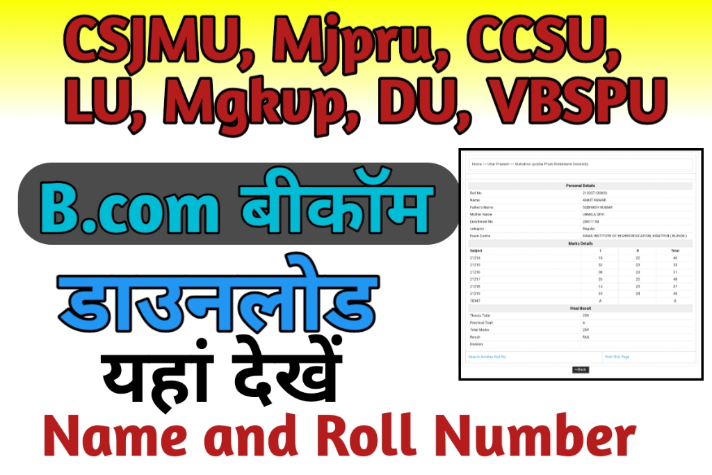 MJPRU B.com Result 2023 ; 1st, 2nd, 3rd Year Result Name Wise & Roll ...