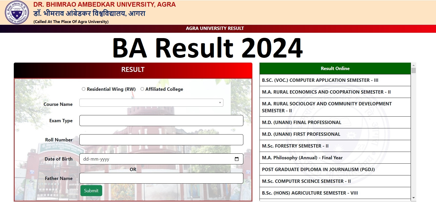 DBRAU BA Result 2024 Agra University BA Result 2024 आगरा यूनिवर्सिटी रिजल्ट जारी, यहाँ से चेक करे